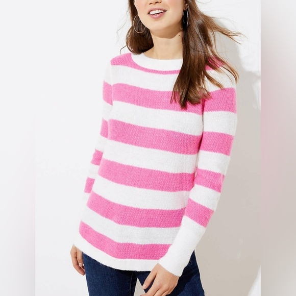 LOFT Sweaters - LOFT NWT Stripe Textured Shirttail Sweater Pink and White Medium